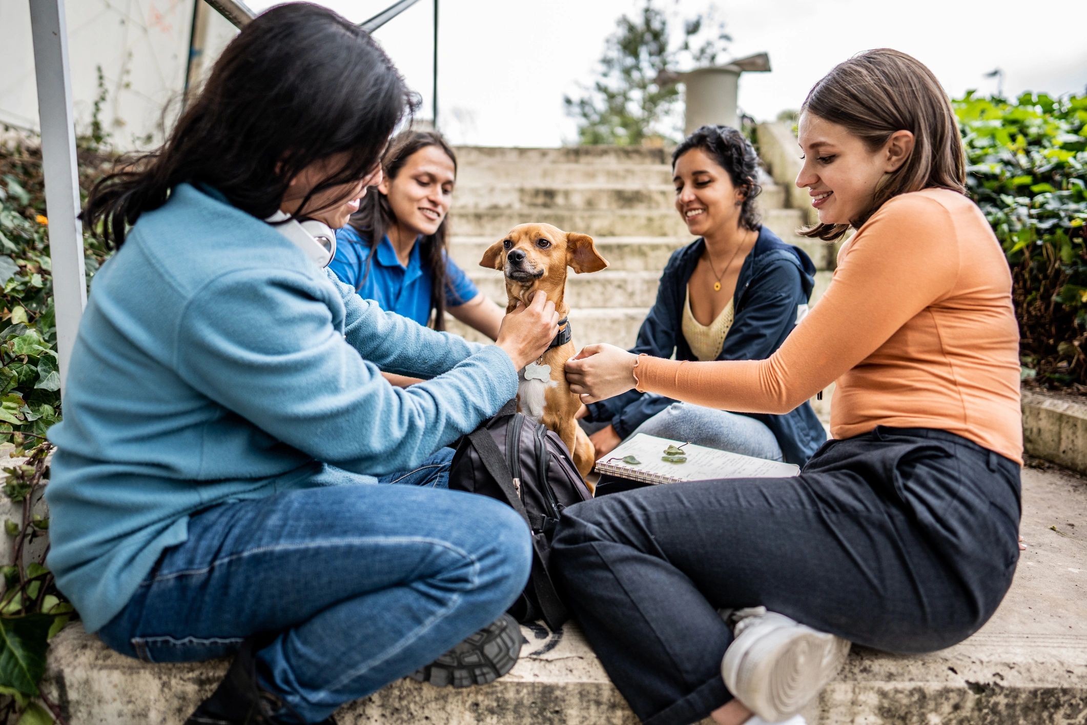 Friends spending time outdoors with a dog